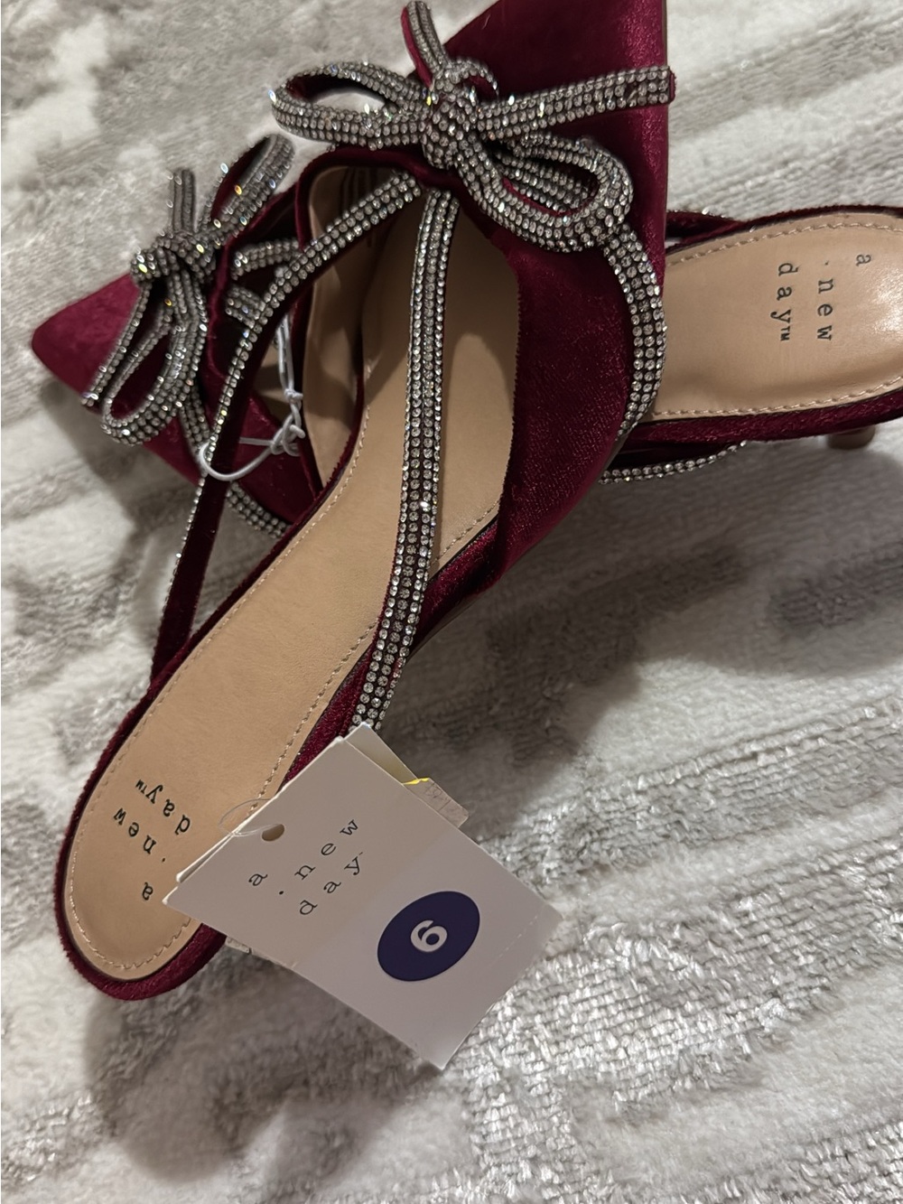 a new day Wine Satin Crystal Bow Slingback Mules